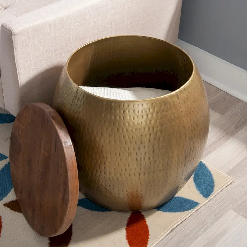 Drum Side Table with Storage Gold