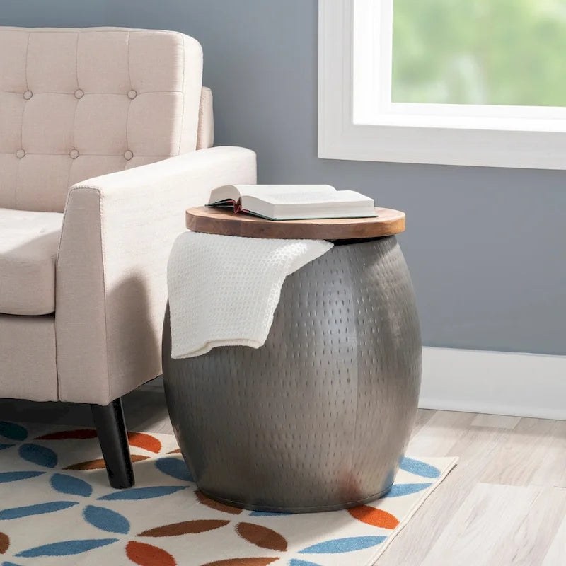 Drum Side Table with Storage Gold