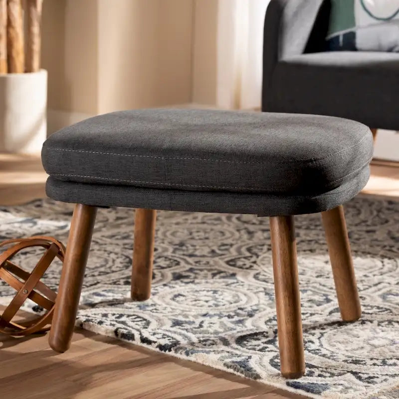 Mid-Century Fabric Upholstered Ottoman With Rubberwood Legs