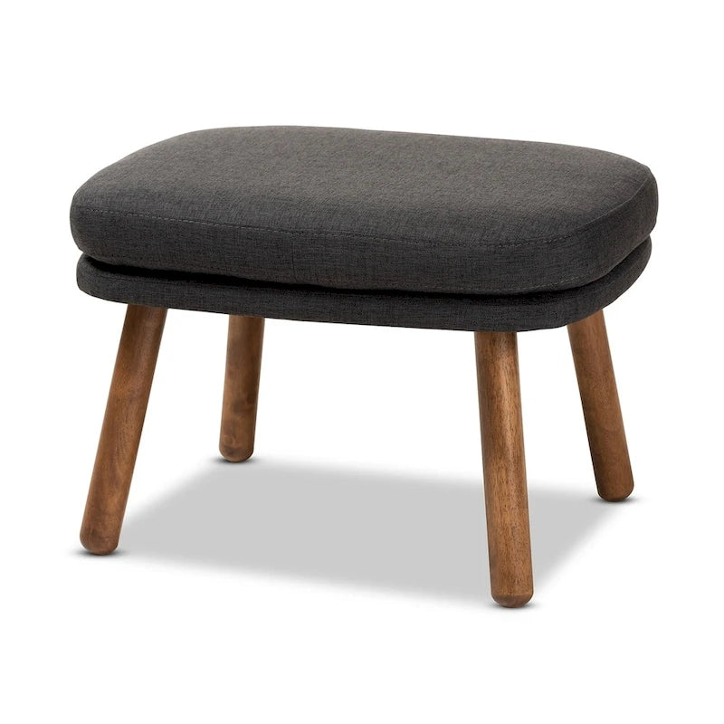 Mid-Century Fabric Upholstered Ottoman With Rubberwood Legs