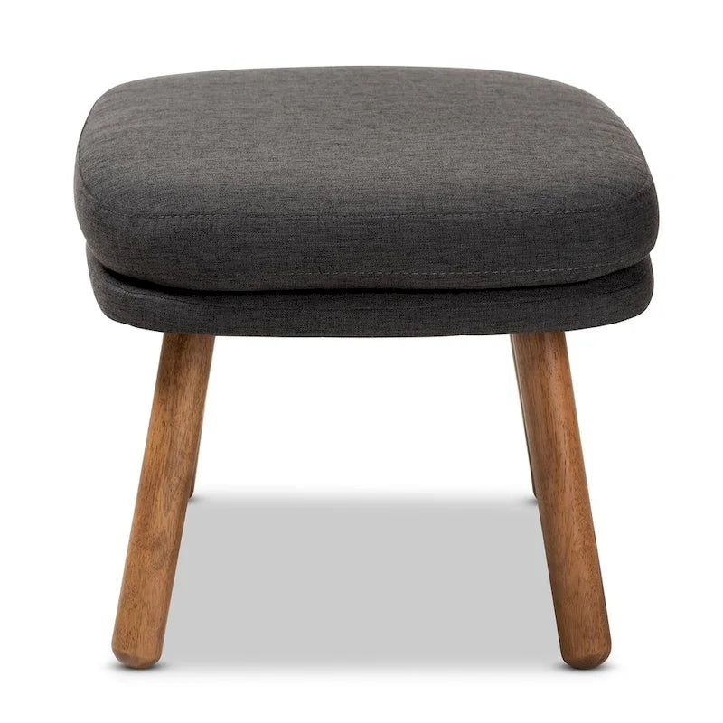Mid-Century Fabric Upholstered Ottoman With Rubberwood Legs