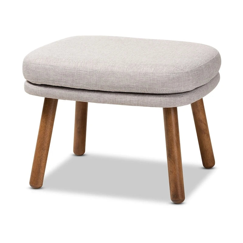 Mid-Century Fabric Upholstered Ottoman With Rubberwood Legs