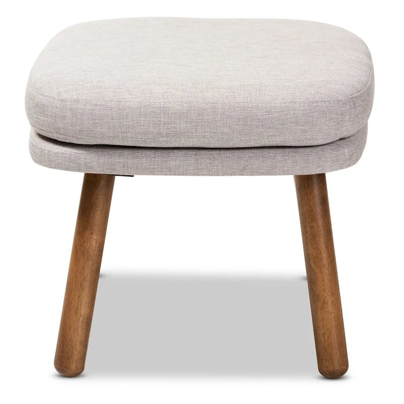 Mid-Century Fabric Upholstered Ottoman With Rubberwood Legs