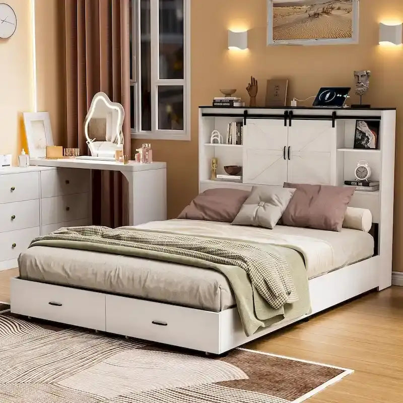 Queen Farmhouse Platform Bed With Storage And Charging