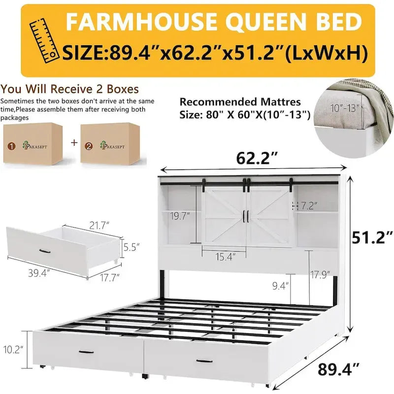 Queen Farmhouse Platform Bed With Storage And Charging