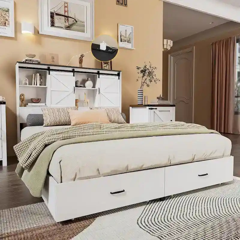 Queen Farmhouse Platform Bed With Storage And Charging