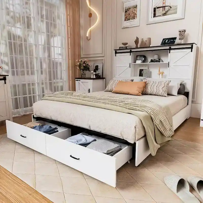 Queen Farmhouse Platform Bed With Storage And Charging