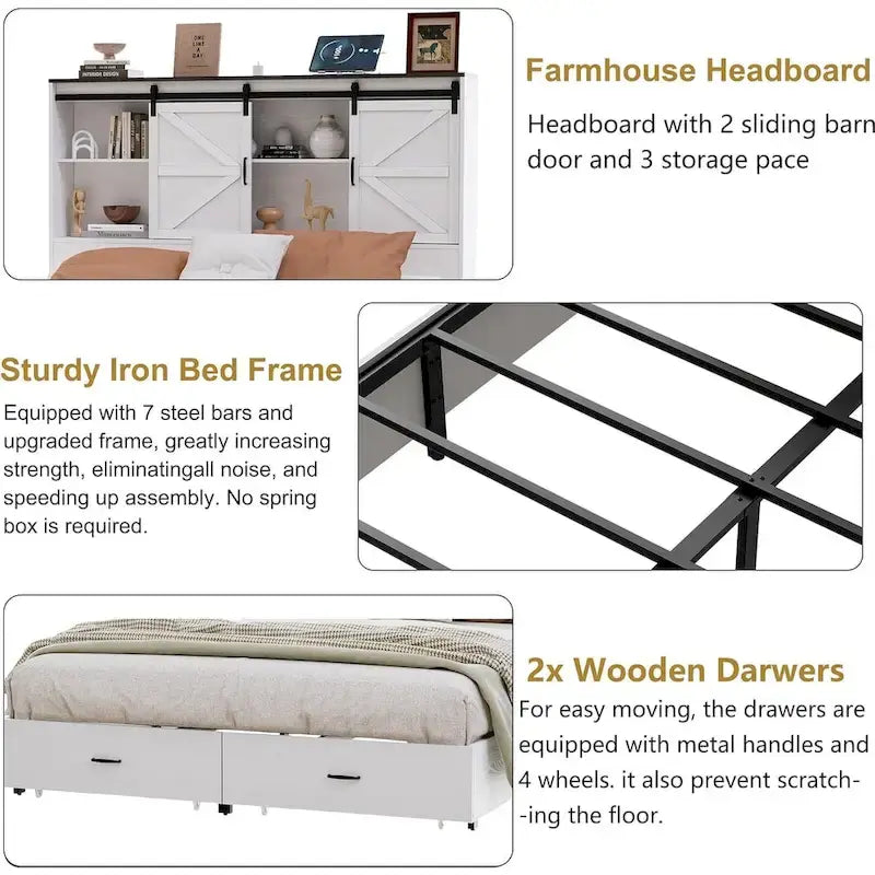 Queen Farmhouse Platform Bed With Storage And Charging