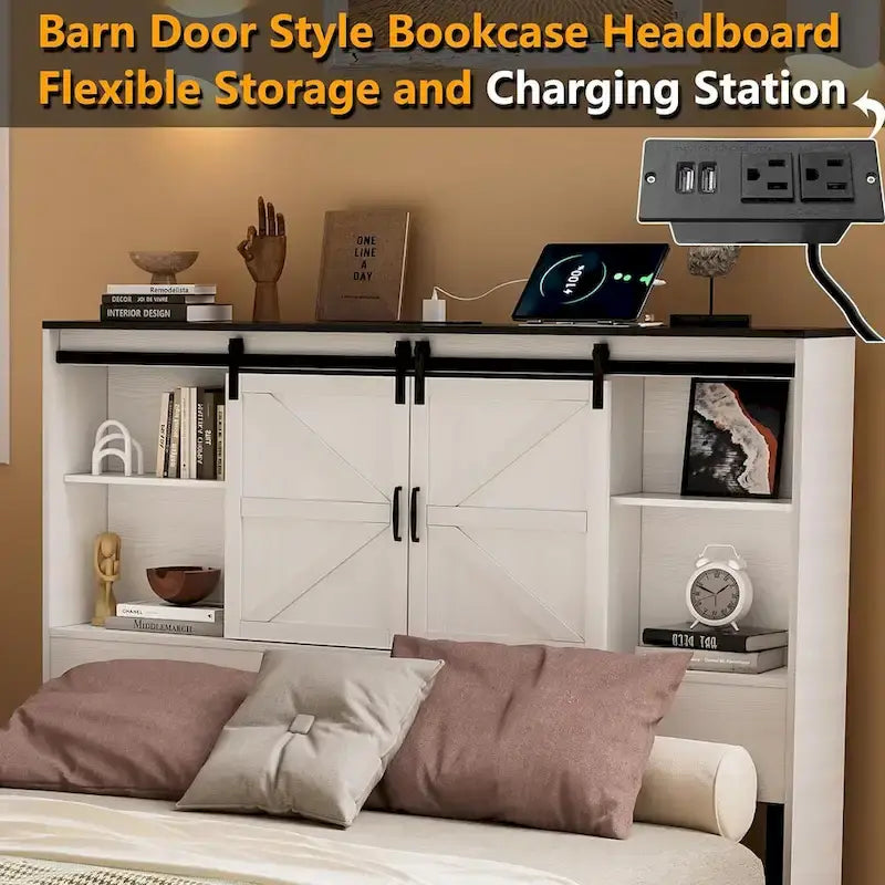 Queen Farmhouse Platform Bed With Storage And Charging