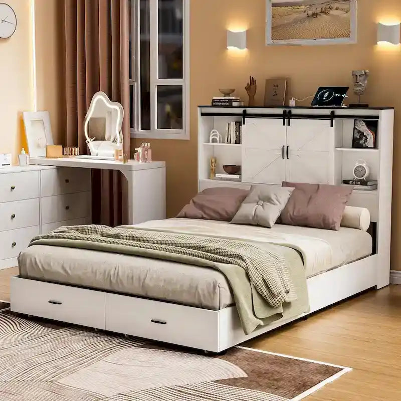 Queen Farmhouse Platform Bed With Storage And Charging