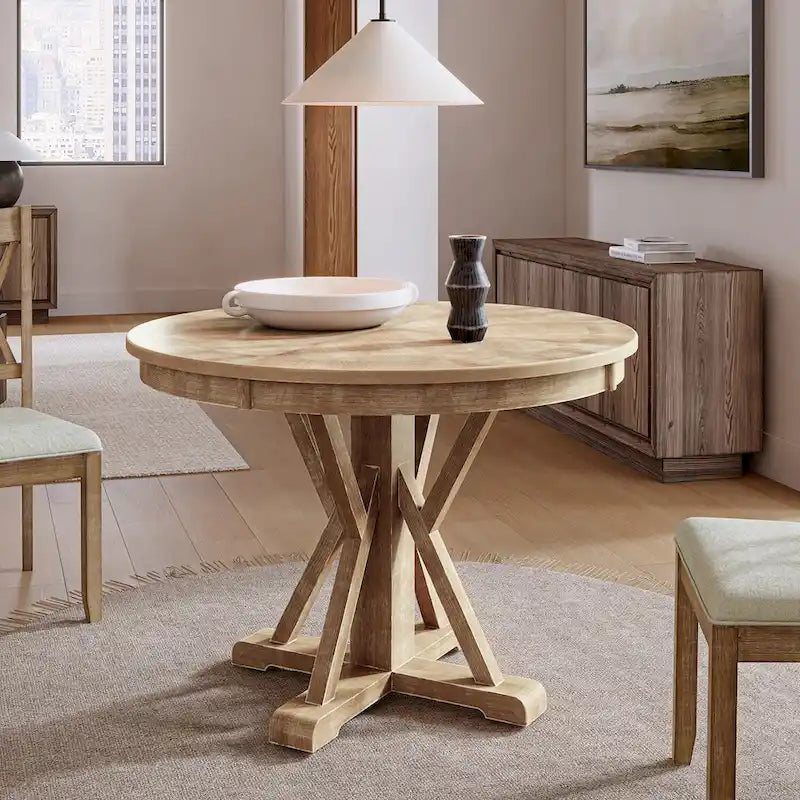 Farmhouse Round Dining Table With Cross-buck Wood Base for 4