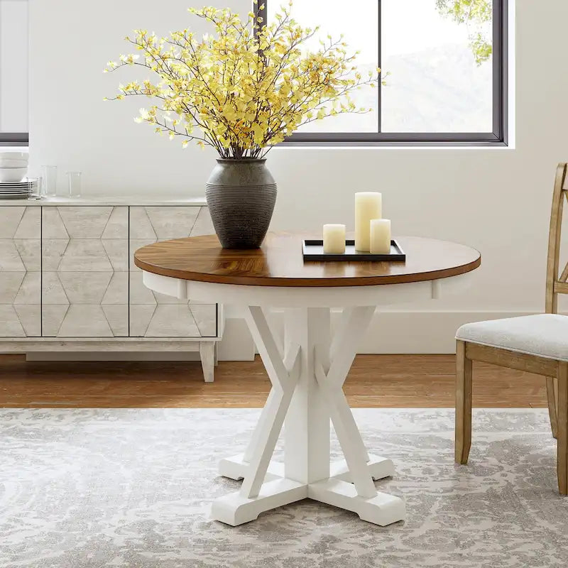 Farmhouse Round Dining Table With Cross-buck Wood Base for 4