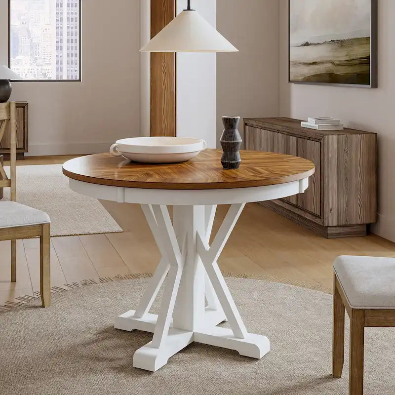 Farmhouse Round Dining Table With Cross-buck Wood Base for 4