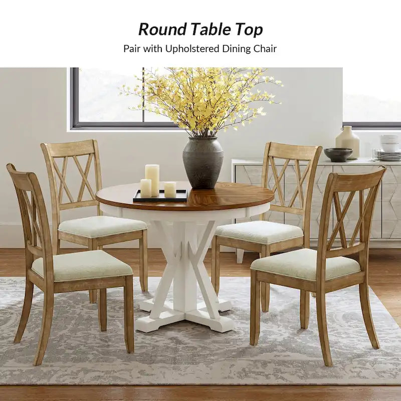 Farmhouse Round Dining Table With Cross-buck Wood Base for 4