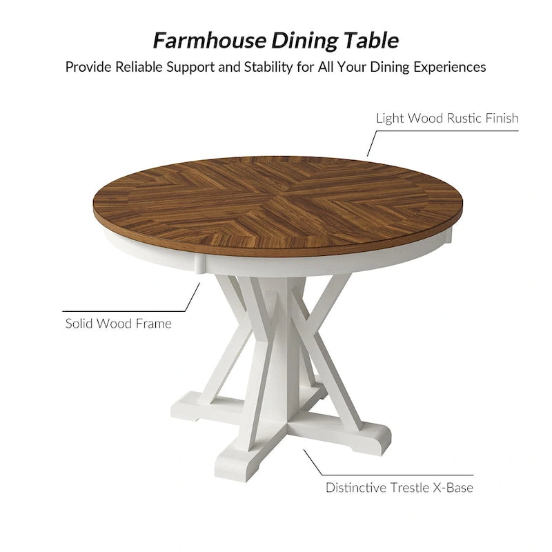 Farmhouse Round Dining Table With Cross-buck Wood Base for 4