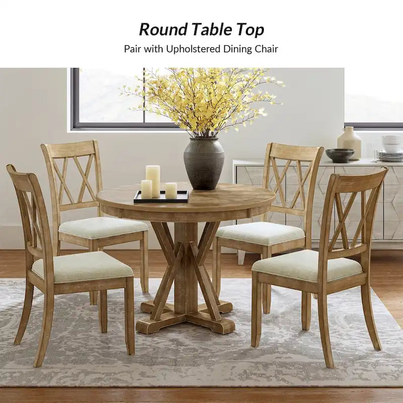 Farmhouse Round Dining Table With Cross-buck Wood Base for 4