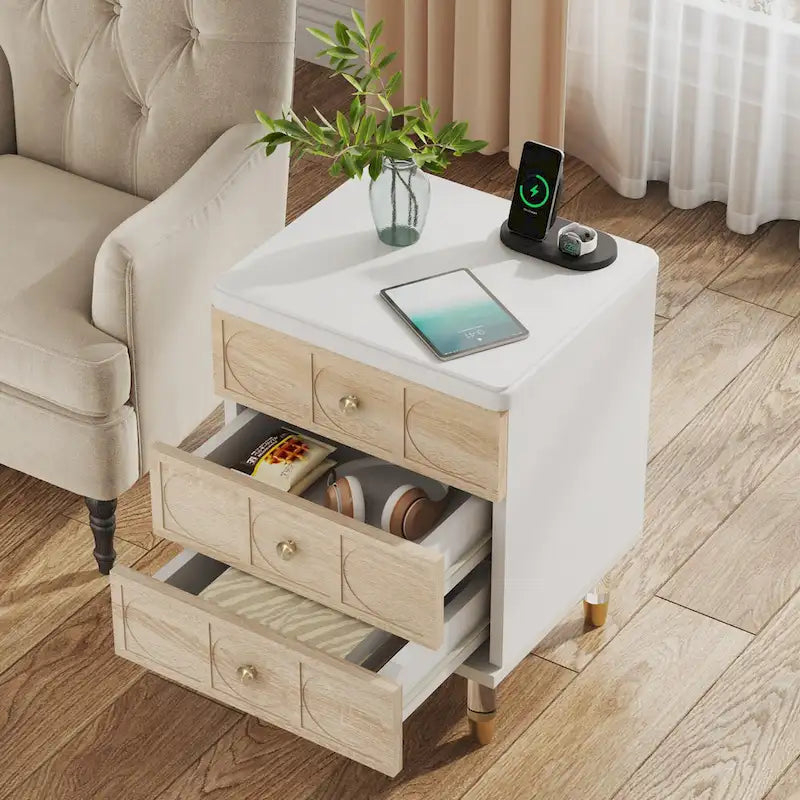 Nightstand Bedside Table with 3 Drawers, Bedroom Tall Night Stands Sofa End Table with Storage for Bedroom, Living Room