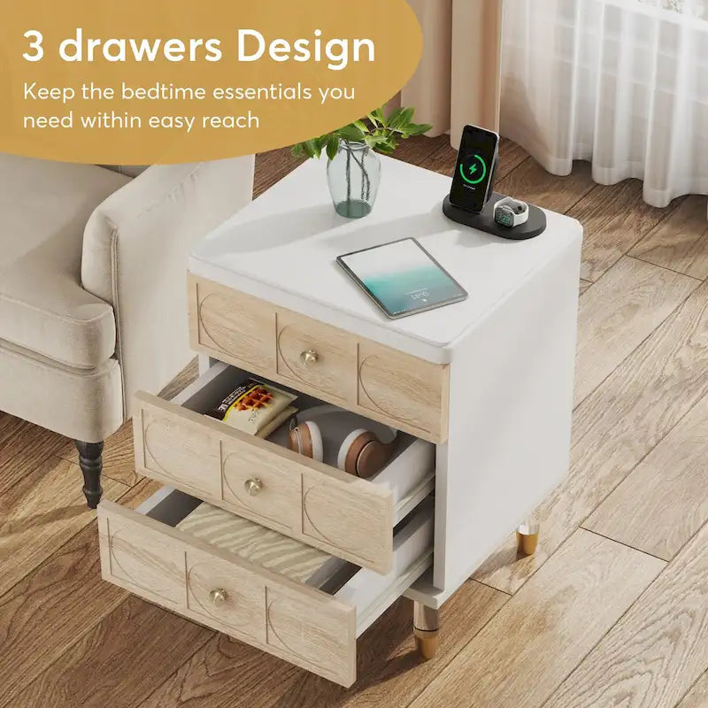 Nightstand Bedside Table with 3 Drawers, Bedroom Tall Night Stands Sofa End Table with Storage for Bedroom, Living Room