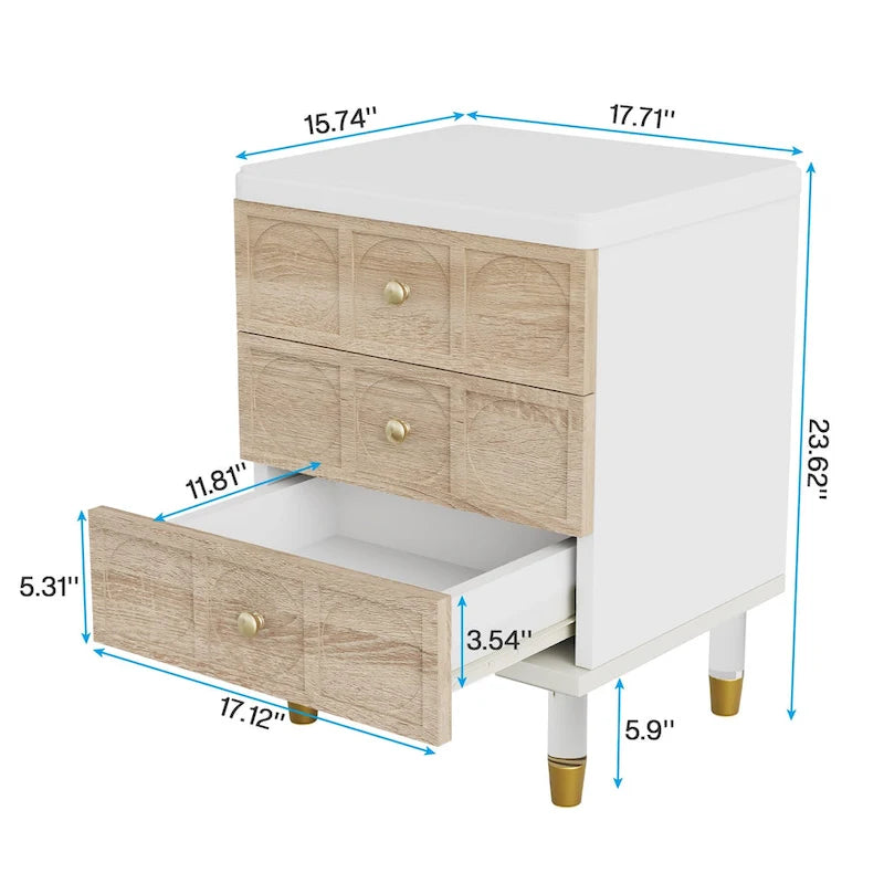 Nightstand Bedside Table with 3 Drawers, Bedroom Tall Night Stands Sofa End Table with Storage for Bedroom, Living Room