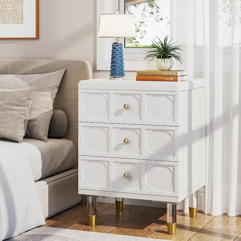 Nightstand Bedside Table with 3 Drawers, Bedroom Tall Night Stands Sofa End Table with Storage for Bedroom, Living Room