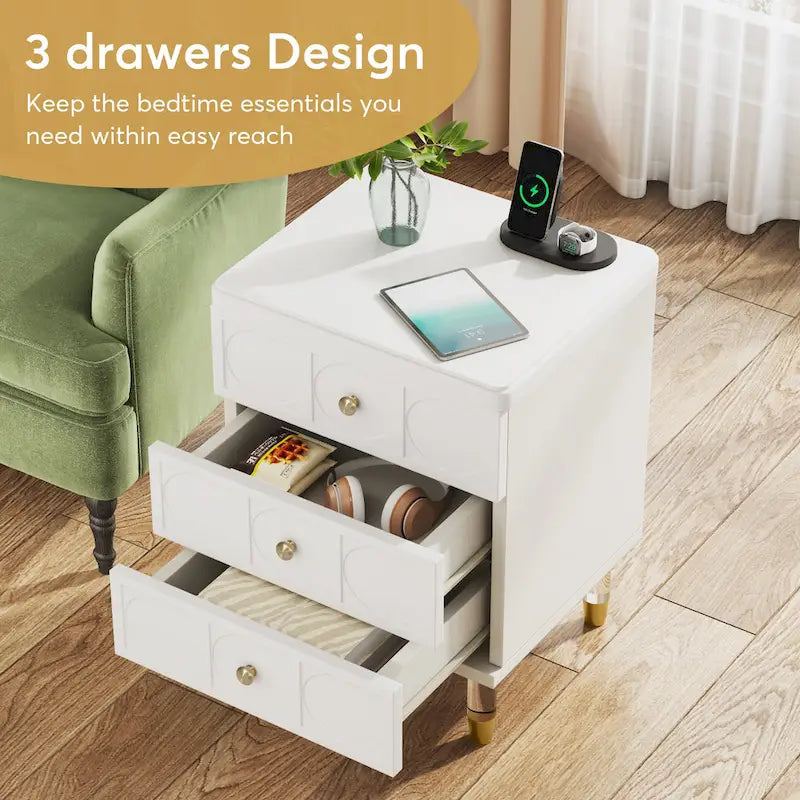 Nightstand Bedside Table with 3 Drawers, Bedroom Tall Night Stands Sofa End Table with Storage for Bedroom, Living Room