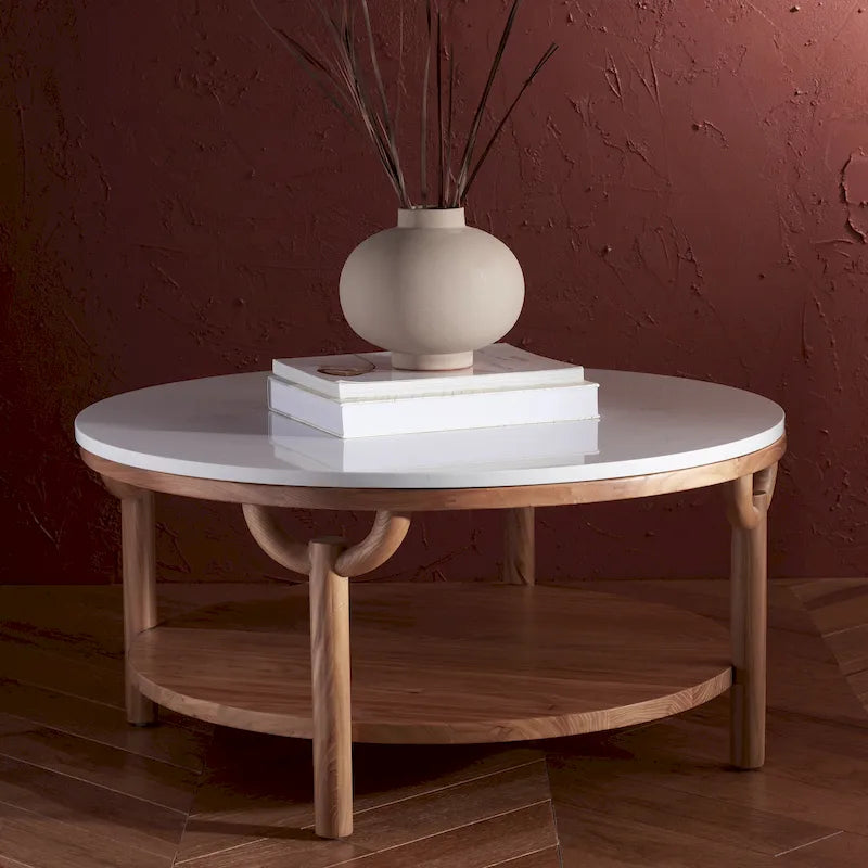 2-Tier Marble Top Round Coffee Table - 35 In. W x 35 In. D x 17 In. H