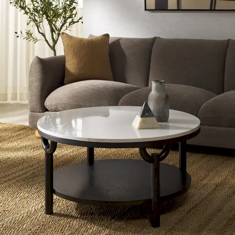 2-Tier Marble Top Round Coffee Table - 35 In. W x 35 In. D x 17 In. H