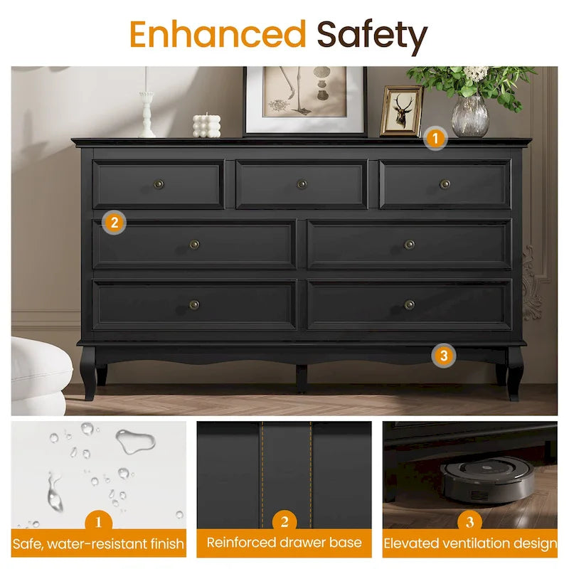 7 - Drawer Dresser with Solid Wood Legs and Painted Finish
