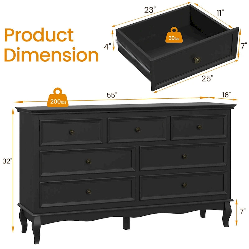7 - Drawer Dresser with Solid Wood Legs and Painted Finish