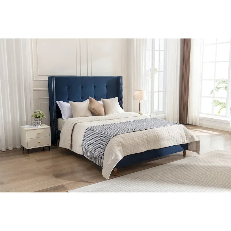 54 High King Velvet Upholstered Bed With Tufted Wingback Headboard