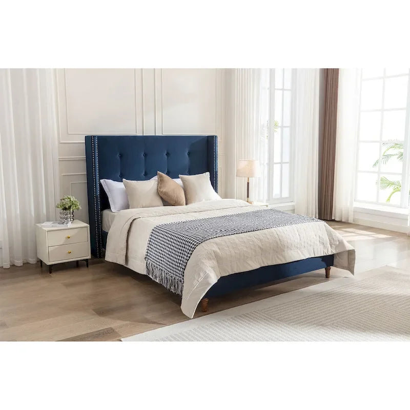 54 High King Velvet Upholstered Bed With Tufted Wingback Headboard