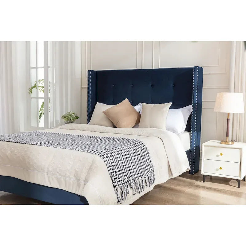 54 High King Velvet Upholstered Bed With Tufted Wingback Headboard