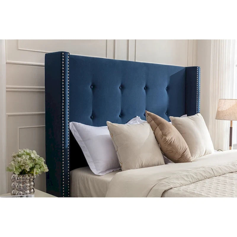 54 High King Velvet Upholstered Bed With Tufted Wingback Headboard