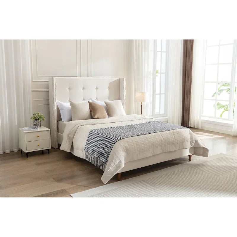 54 High King Velvet Upholstered Bed With Tufted Wingback Headboard