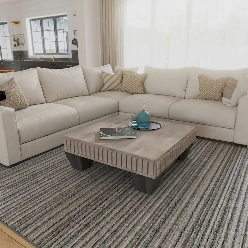 Tokyo Inspired 36 Inch Square Mango Wood Coffee Table - Handcrafted with Elegant Sandblasted Gray Finish And Tapered Legs