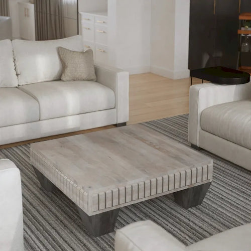36 Inch Square Mango Wood Coffee Table - Handcrafted with Elegant Sandblasted Gray Finish And Tapered Legs