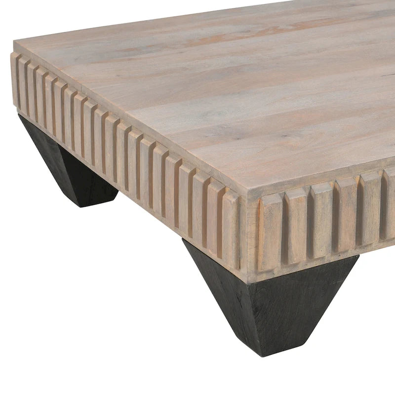Tokyo Inspired 36 Inch Square Mango Wood Coffee Table - Handcrafted with Elegant Sandblasted Gray Finish And Tapered Legs