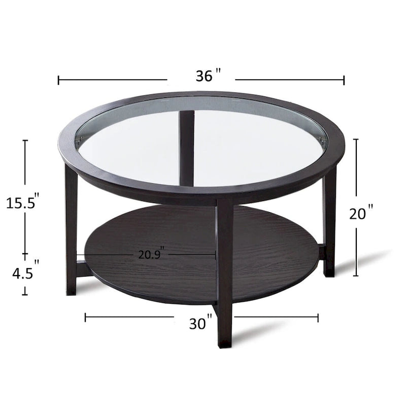 36 in. Modern Black Round Solid Wood Glass Top Storage Coffee Table for Office Living Room - 36 in. W X 36 in. L X 20 in. H
