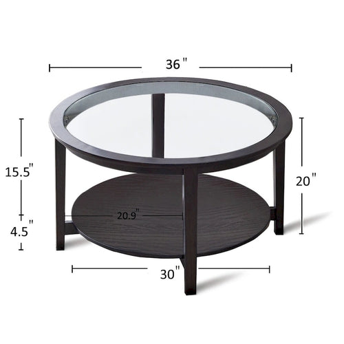 36 in. Modern Black Round Solid Wood Glass Top Storage Coffee Table for Office Living Room - 36 in. W X 36 in. L X 20 in. H