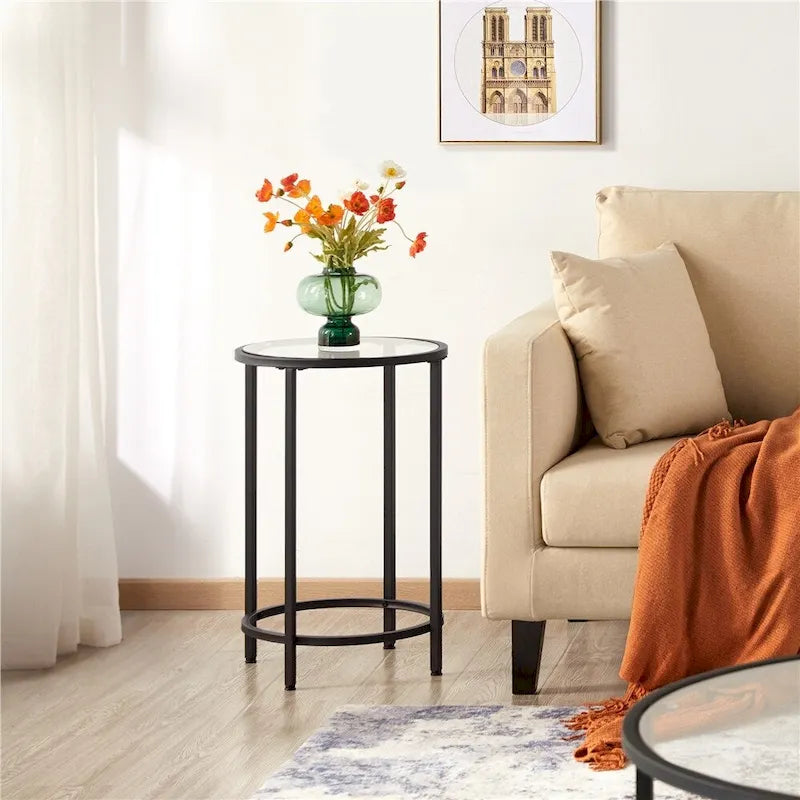 Round Accent Table Bedside Table with Metal Frame Glass Top