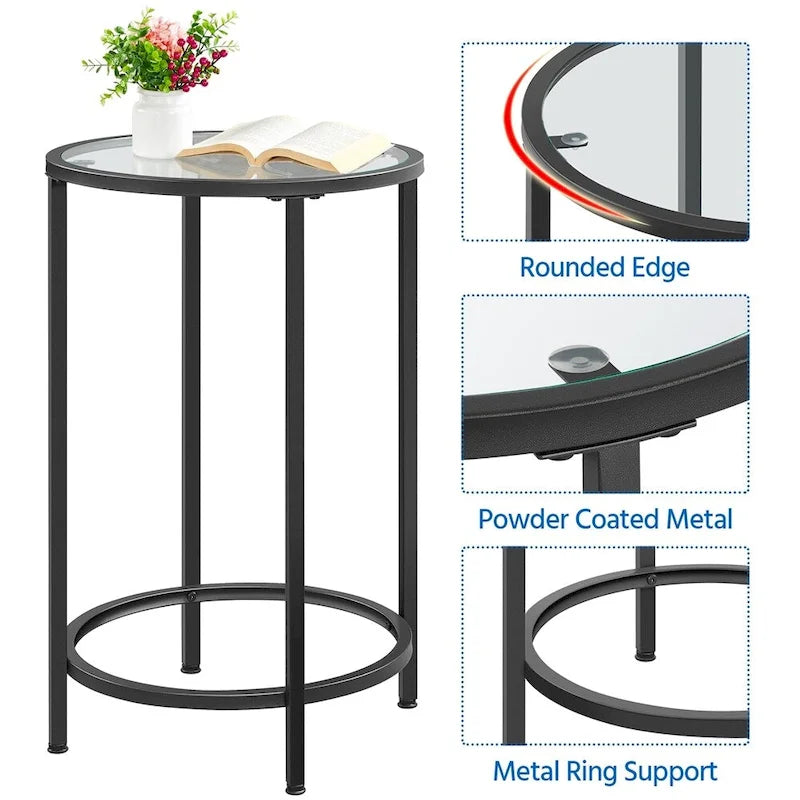 Round Accent Table Bedside Table with Metal Frame Glass Top
