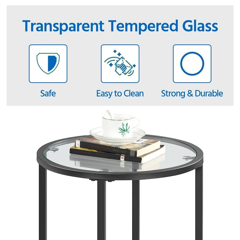 Round Accent Table Bedside Table with Metal Frame Glass Top