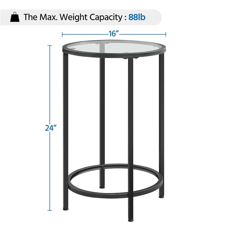 Round Accent Table Bedside Table with Metal Frame Glass Top