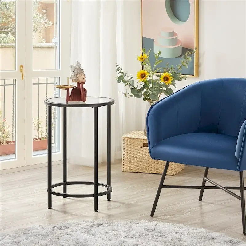 Round Accent Table Bedside Table with Metal Frame Glass Top