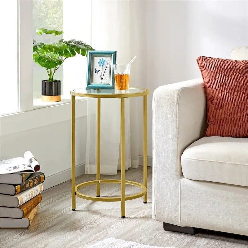 Round Accent Table Bedside Table with Metal Frame Glass Top