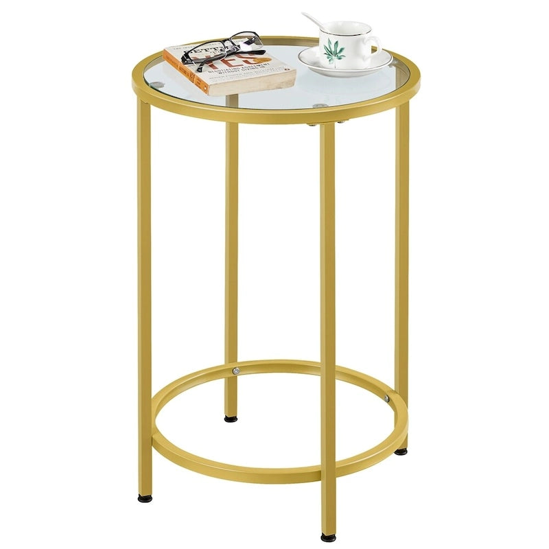 Round Accent Table Bedside Table with Metal Frame Glass Top