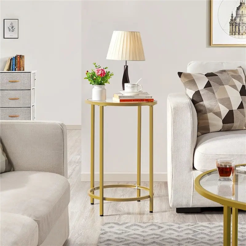 Round Accent Table Bedside Table with Metal Frame Glass Top
