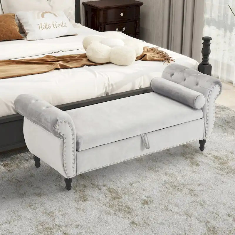 Velvet Storage Rectangular Bench With 1 Pillow, Ottoman For Living Rooms And Entryway