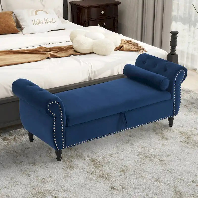 Velvet Storage Rectangular Bench With 1 Pillow, Ottoman For Living Rooms And Entryway
