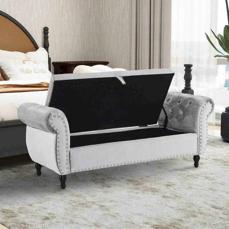 Velvet Storage Rectangular Bench With 1 Pillow, Ottoman For Living Rooms And Entryway